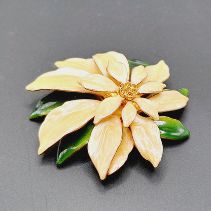Vintage 1960s Peachy White Green Enamel Poinsettia Brooch