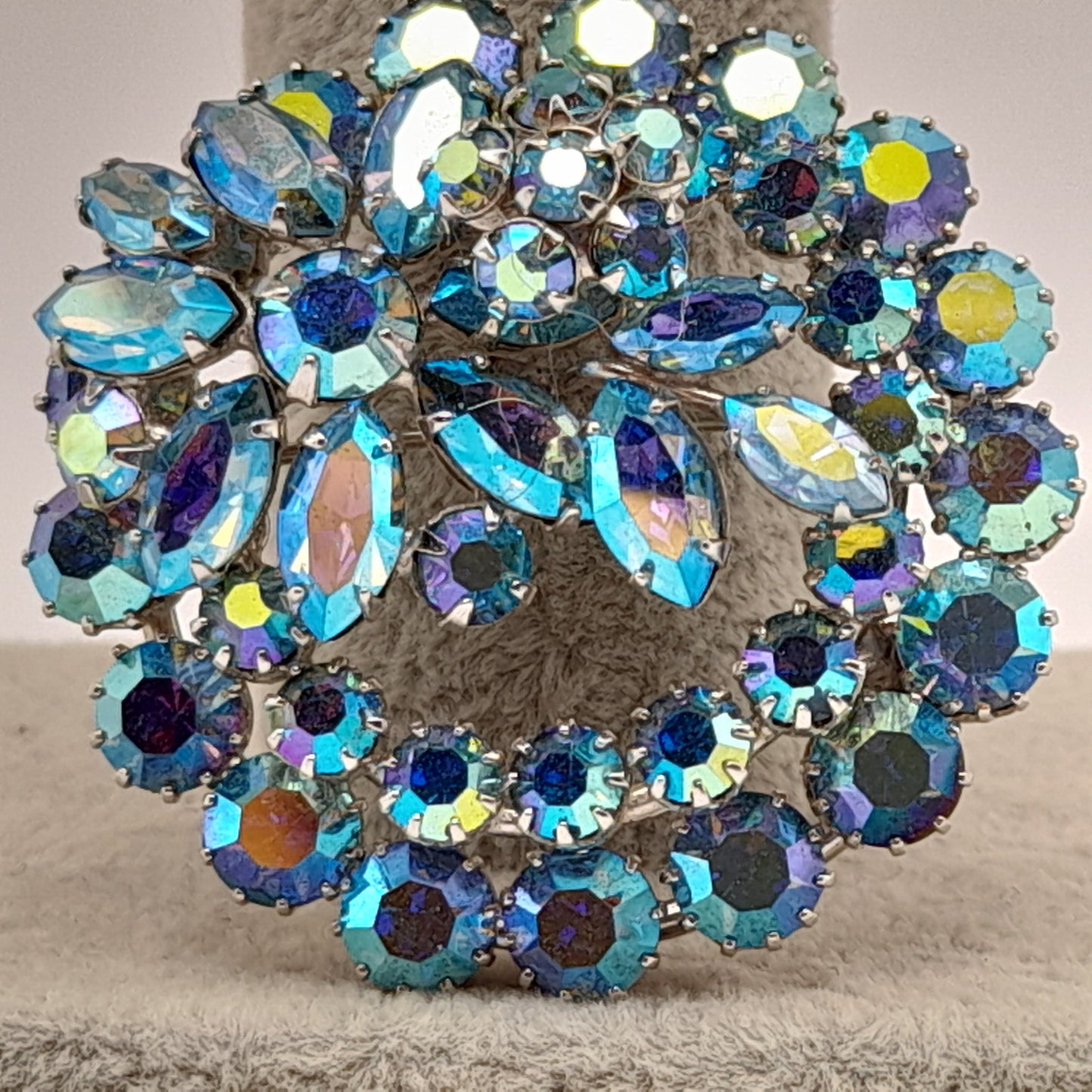 Vintage Sherman Blue Aurora Borealis Rhinestone Brooch