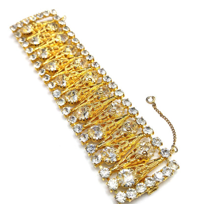 Vintage Clear Rhinestone Wide Filigree Bracelet Gold Tone Safety Chain 1950s