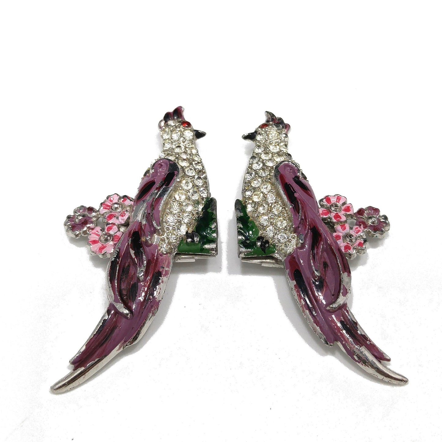 Duette Bird Brooches, Unsigned, Coro Style, Set of Two, Rhinestone and Enamel, 1940s Vintage Jewelry