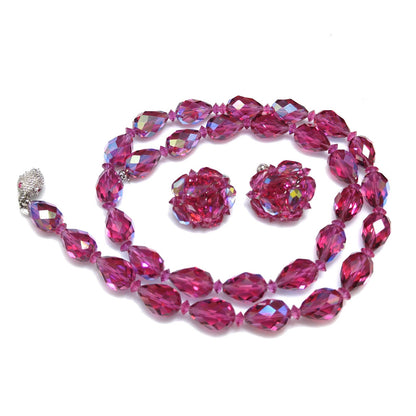 Vendome Hot Pink Crystal Necklace & Clip Earrings Set 1960s AB Teardrop Beads