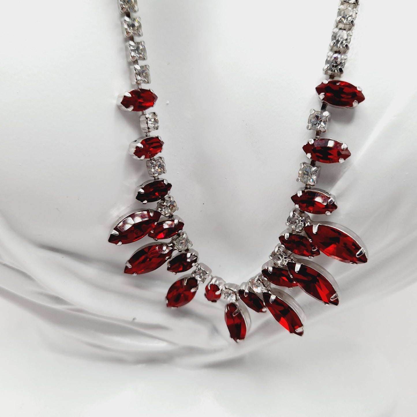 B. David Vintage Red Rhinestone Choker Necklace, Rhodium Plated, 1950s