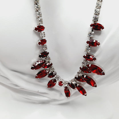 B. David Vintage Red Rhinestone Choker Necklace, Rhodium Plated, 1950s