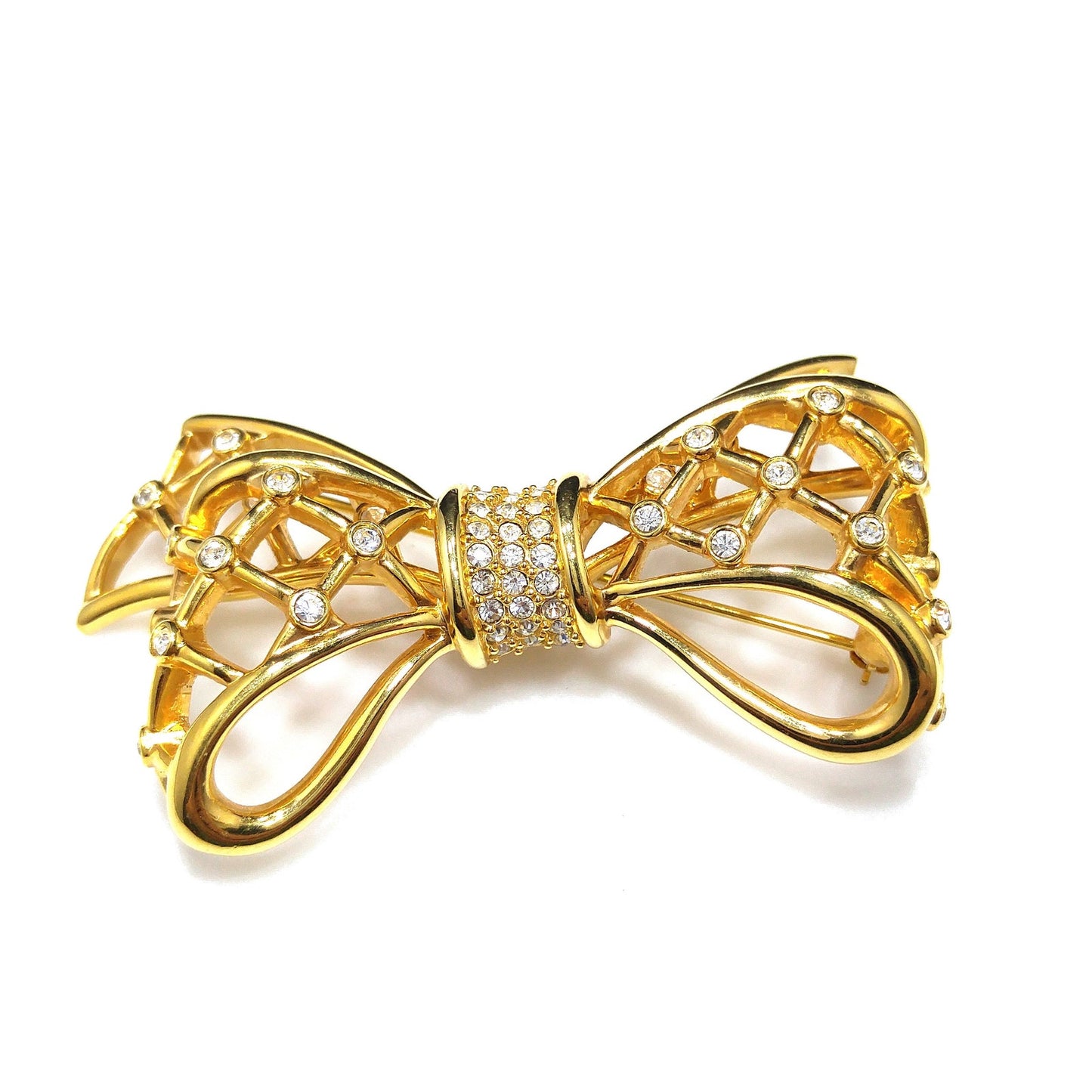 Swarovski Gold Bow Brooch, Clear Rhinestones, Vintage 1980s Jewelry