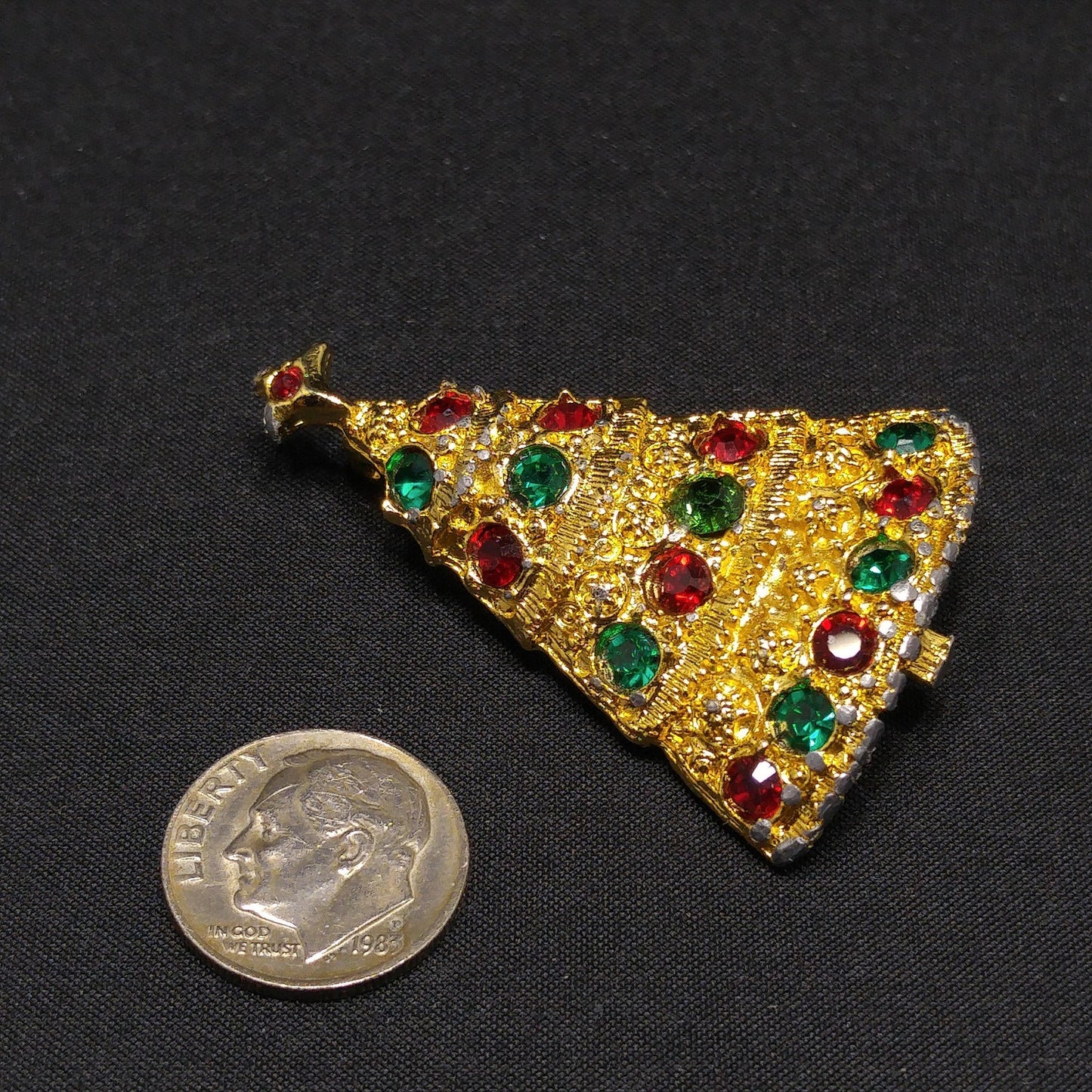 Eisenberg Ice Christmas Tree Brooch Red Green Rhinestones Gold Vintage