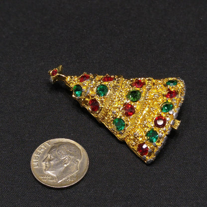 Eisenberg Ice Christmas Tree Brooch Red Green Rhinestones Gold Vintage