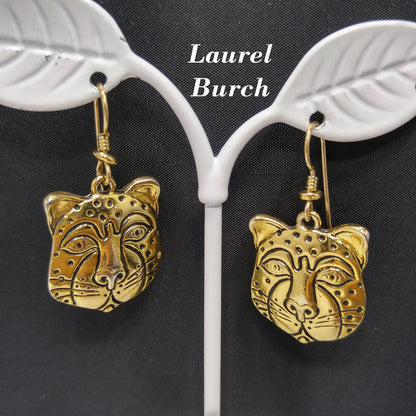 Laurel Burch Tiger Face Dangle Earrings, Gold Plated, 1980s Vintage Jewelry