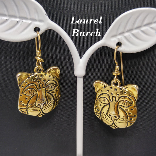Laurel Burch Tiger Face Dangle Earrings, Gold Plated, 1980s Vintage Jewelry
