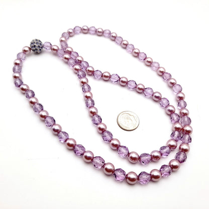 Vintage Joan Rivers Lavender Glass Pearls Crystal Beaded Necklace, Rhinestone Screw Clasp