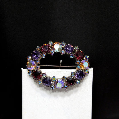 Oval Purple Aurora Borealis Lavender Rhinestone Brooch, Dog-toothed Prong Set, 1960s Vintage Jewelry