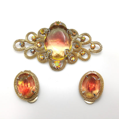 Vintage Gold Pink Large Glass Brooch Earrings Set, Gold Plated, 1960s Vintage Jewelry