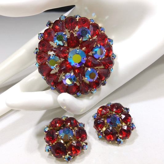 Red Rhinestone Aurora Borealis Brooch Earrings Set, Gold Plated, 1960s Vintage Jewelry