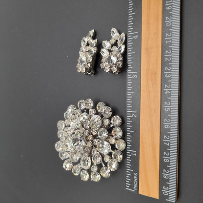 Clear Rhinestone Round Brooch Clip Earrings Set, Wedding Holiday Jewelry, 1950s Vintage Jewelry