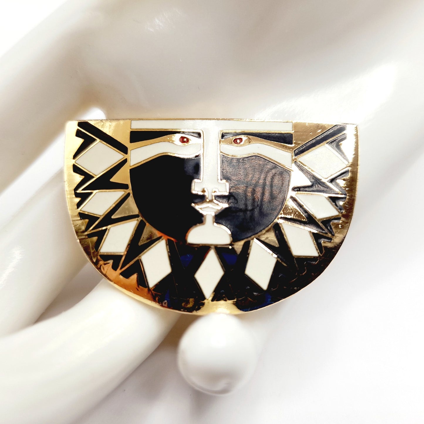 Vintage Laurel Burch Sunface Brooch, Black White Enamel Gold Plated Pin, 1980s Cloisonné Jewelry, Artistic Statement Accessory 1 3/4 Inch