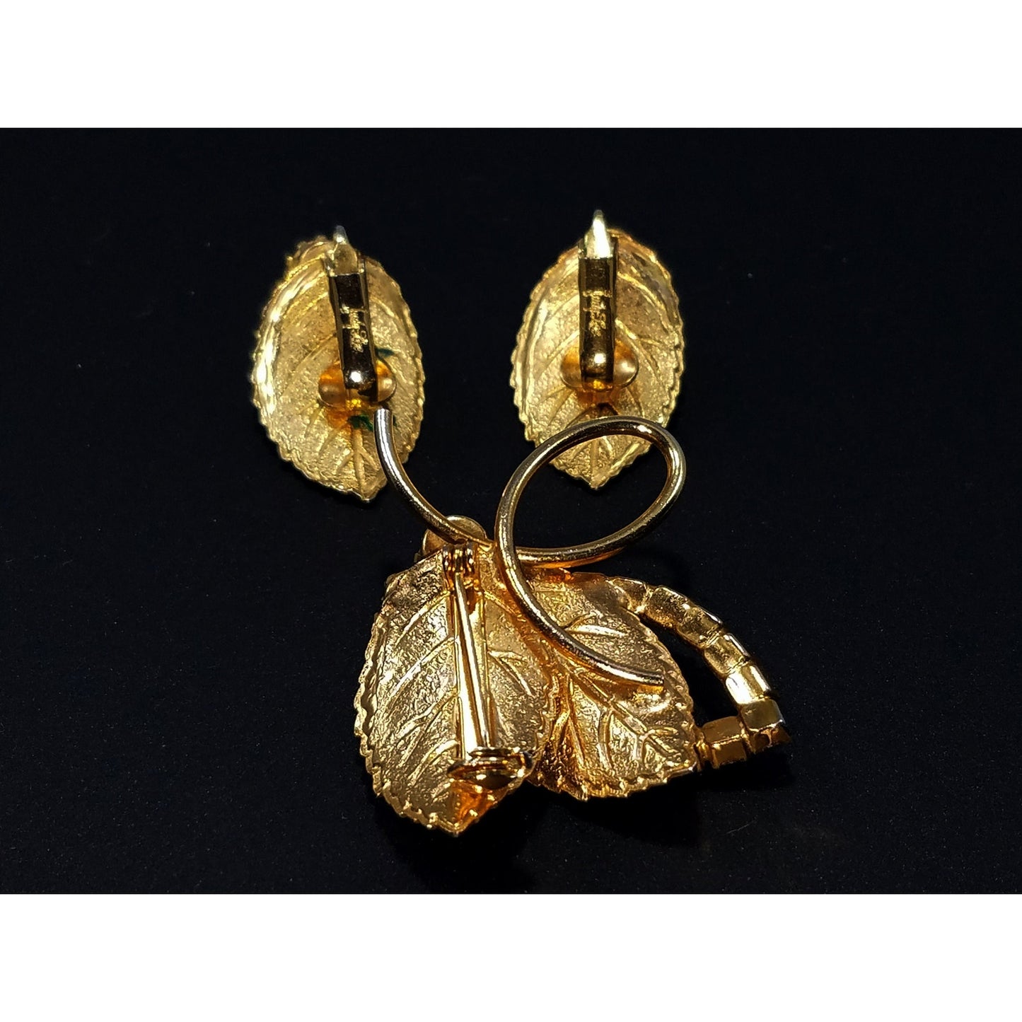 Vintage Judy Lee Gold Leaf Brooch & Earrings Set Topaz Rhinestones 1950s
