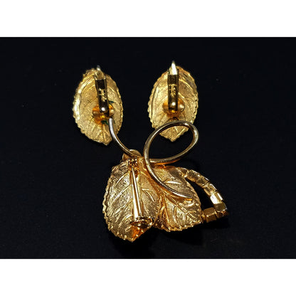 Vintage Judy Lee Gold Leaf Brooch & Earrings Set Topaz Rhinestones 1950s