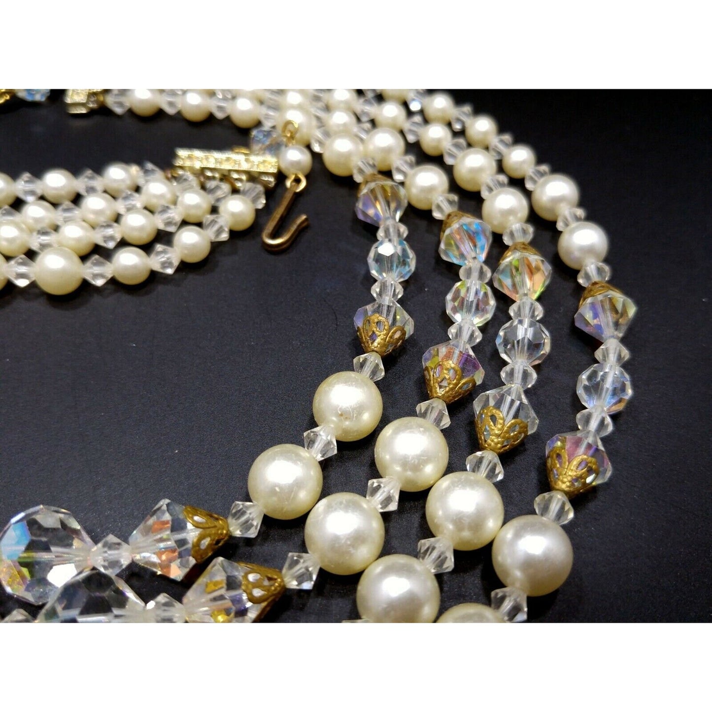 Mid Century AB Crystal Bead Necklace, Faux Pearls, Aurora Borealis, 1960s