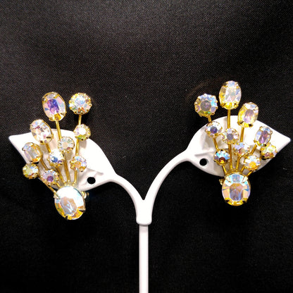 Weiss Aurora Borealis Ear Climber Earrings, Gold Plated, 1950s Vintage Jewelry