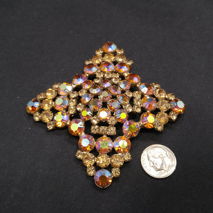 Topaz Glass Rhinestone Large Brooch, Aurora Borealis, 1960s Vintage Jewelry