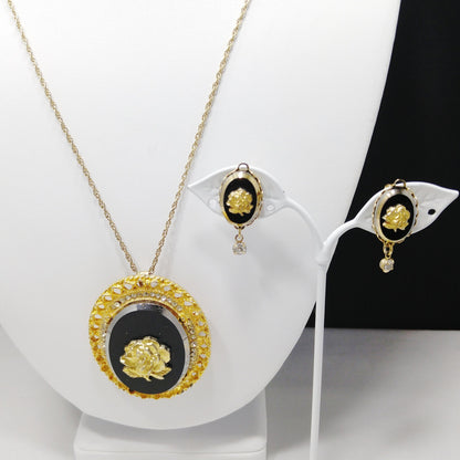 Celebrity Gold Rose Black Glass Brooch & Pendant, Matching Clip Earrings, 1970s Vintage Jewelry