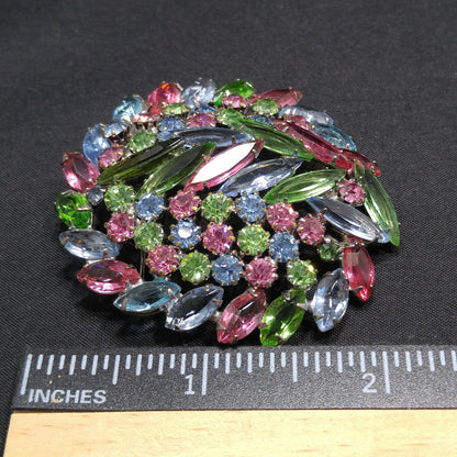 Pastel Rhinestone Floral Brooch, Rhodium Plated, Open Back Stones, 1960s Vintage Jewelry