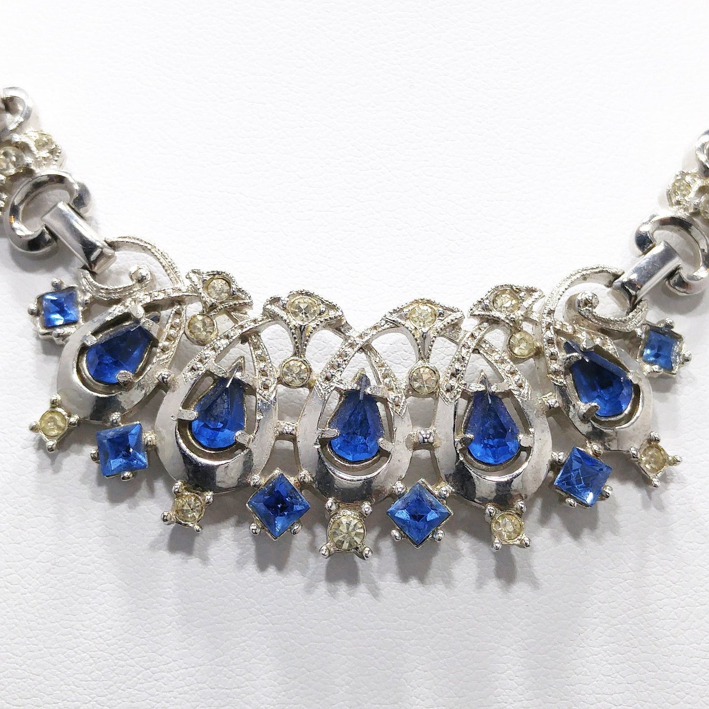 Lustern Blue Rhinestone Silver Tone Necklace, Louis Stern Gold Plated, 1940s Vintage Jewelry