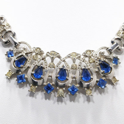 Lustern Blue Rhinestone Silver Tone Necklace, Louis Stern Gold Plated, 1940s Vintage Jewelry