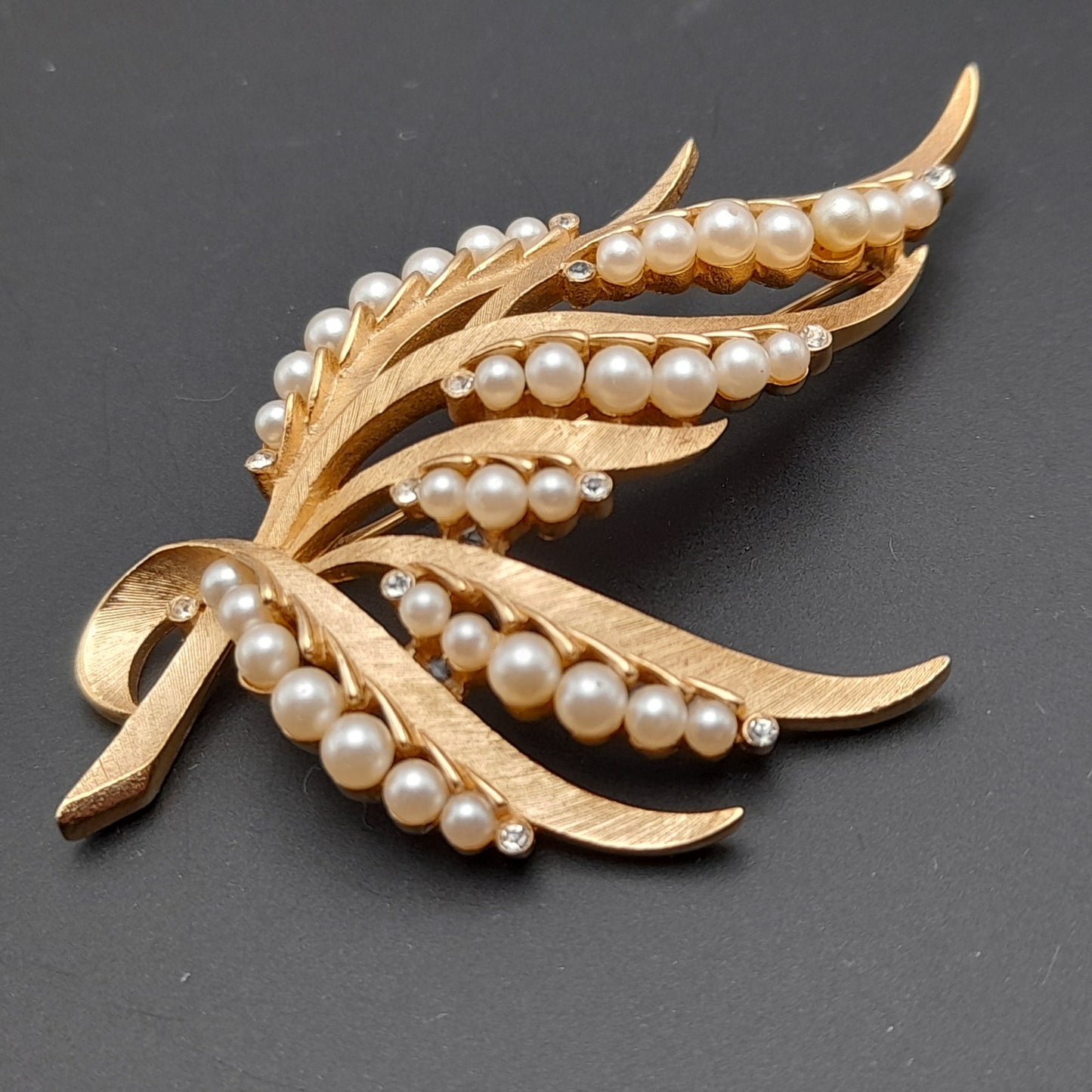 Vintage Crown Trifari Brooch – Gold Plated Satin Finish with Faux Pearls & Rhinestones