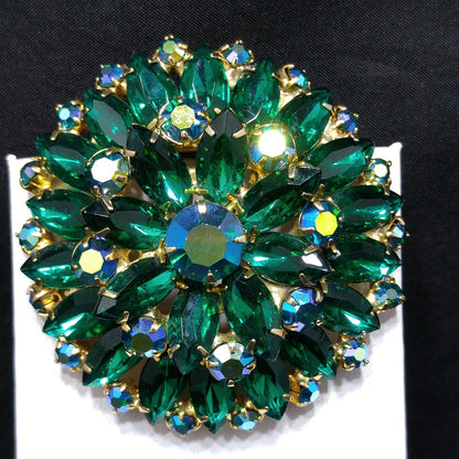 Green Aurora Borealis Rhinestone Brooch, Gold Plated, Two Tier, 1960s Vintage Jewelry