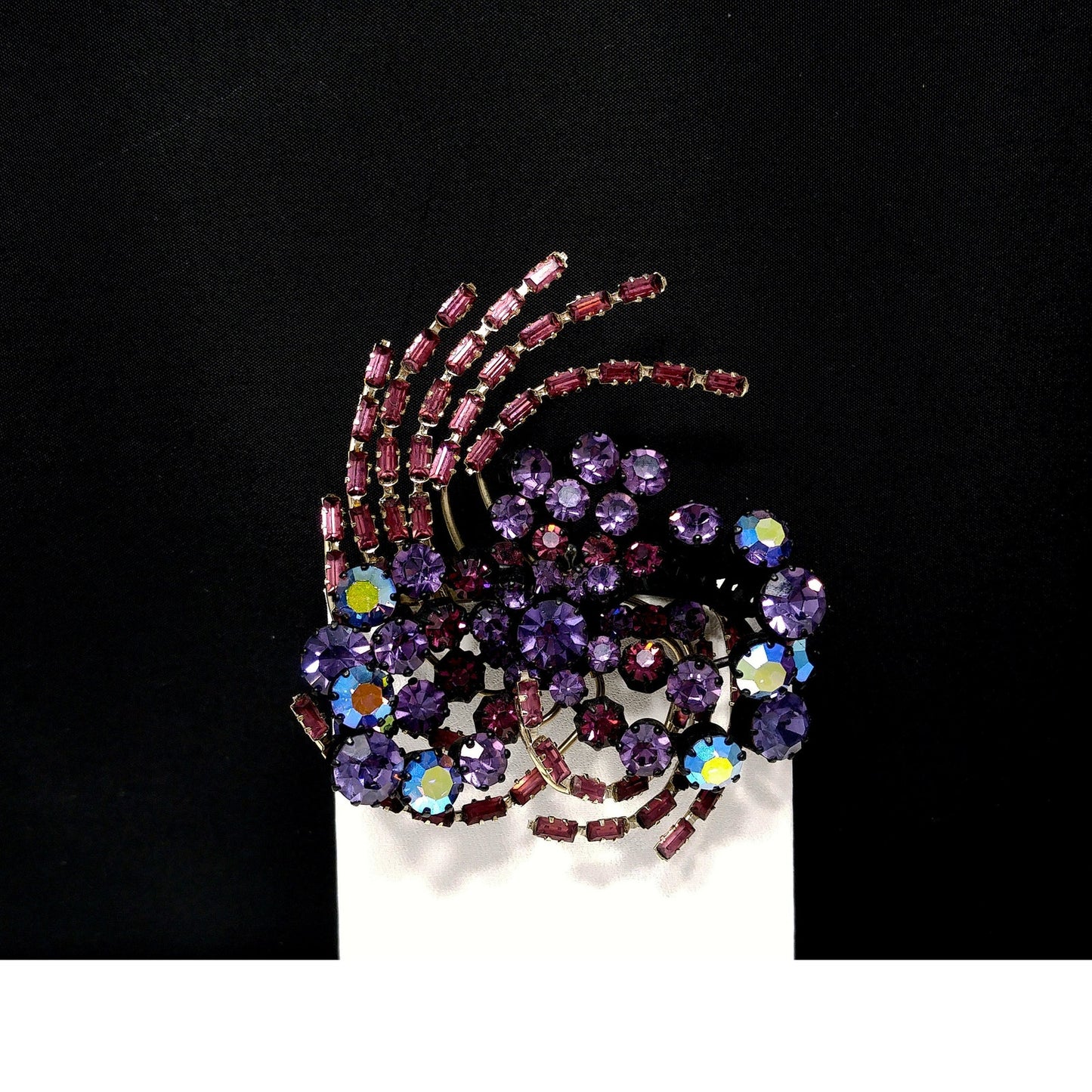 Purple Rhinestone Japanned Made in Austria Brooch, Aurora Borealis, 1960s Vintage