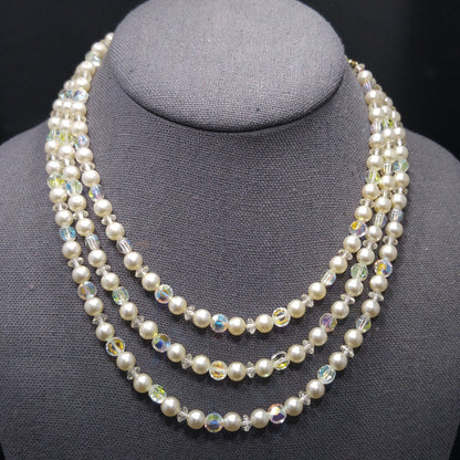 Mid-Century Crystal Faux Pearl Necklace, Three Strands, 1950s Vintage Jewelry