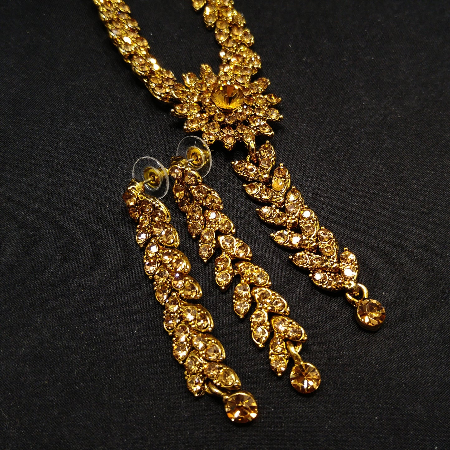 Light Topaz Rhinestone Necklace Post Earrings Set, Gold Plated, 1990s Vintage Jewelry