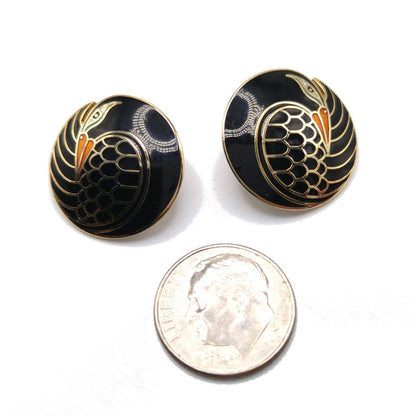 Laurel Burch "Mynah Bird" Black Clip Earrings, Gold Plated, 1980s Vintage