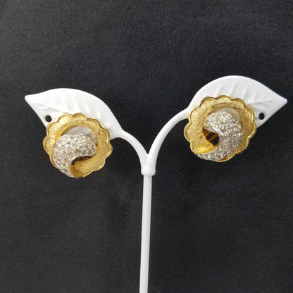 Vintage Jomaz Gold Plated Rhinestone Clip Earrings, Scalloped Edges, 1940s