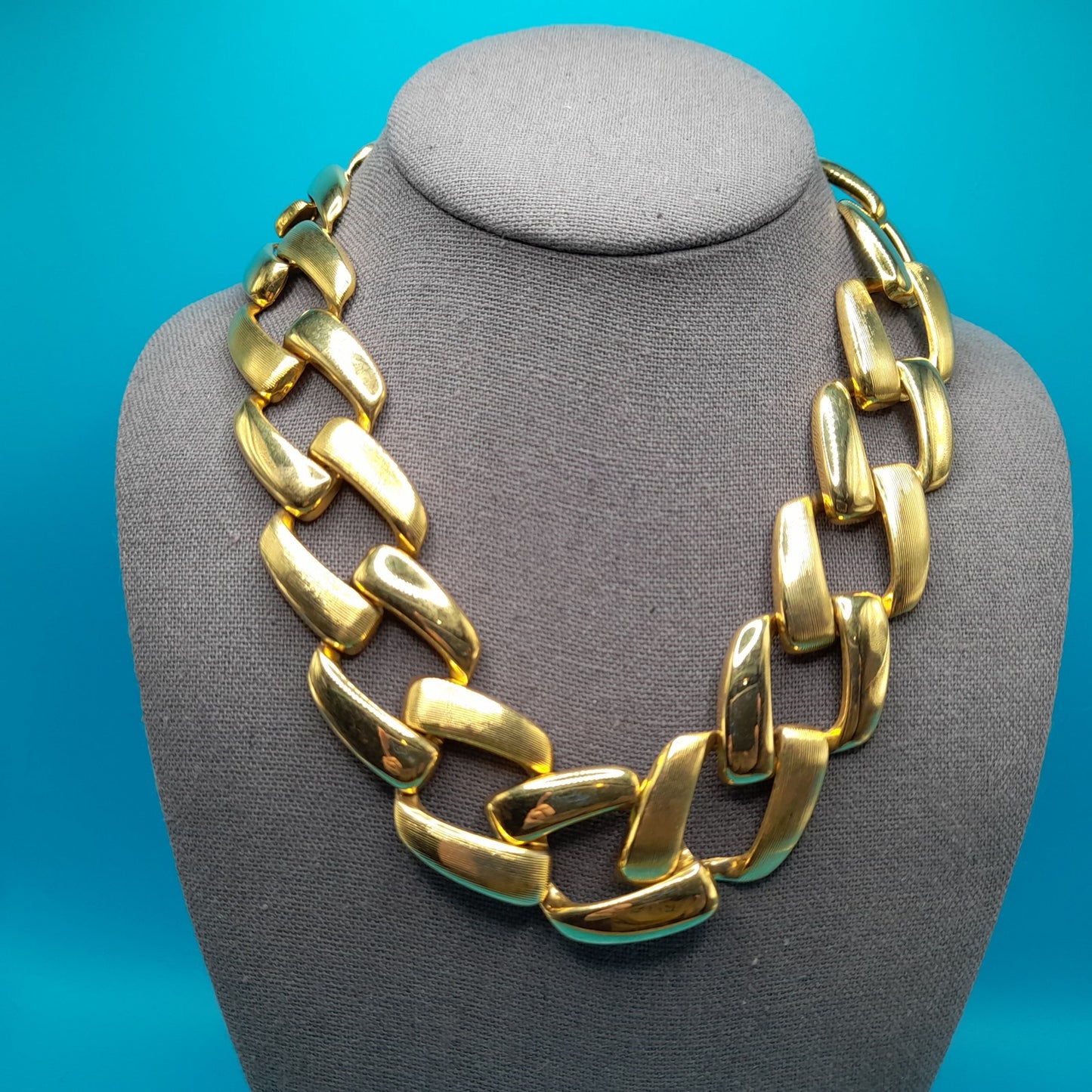 Vintage Chain Choker Necklace, Interlocking Gold Tone, 1980s