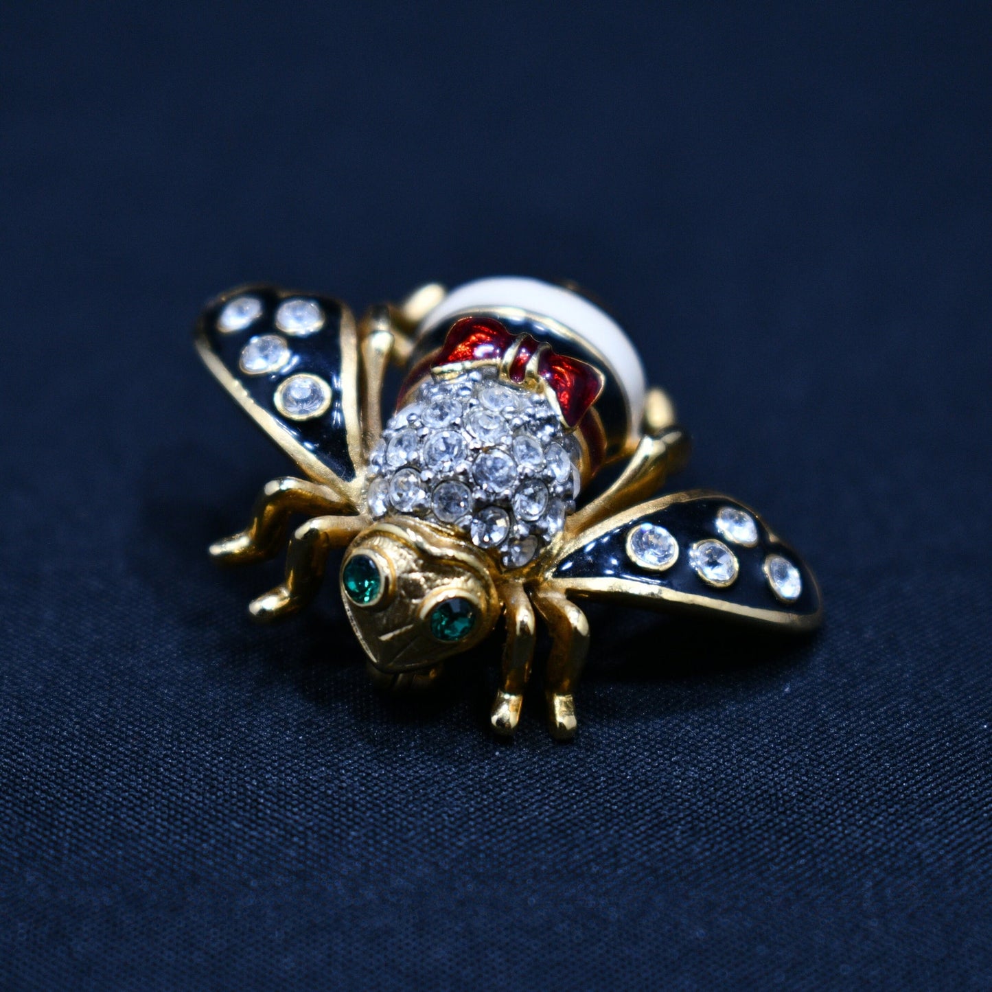 Vintage Joan Rivers Bee Brooch, Gold Plated, Enamel Red White Black, 1990s