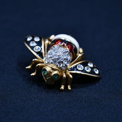 Vintage Joan Rivers Bee Brooch, Gold Plated, Enamel Red White Black, 1990s