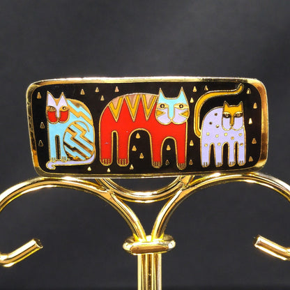 Laurel Burch "Fantastic Felines" Enamel Brooch, Gold Plated Cloisonne, 1980s