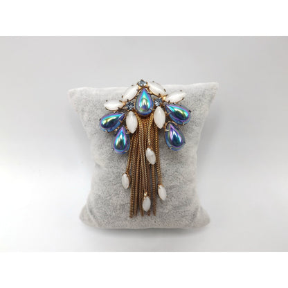 Iridescent Blue Gold Plated Fringe Brooch, White Art Glass Stones, 1960s Vintage Jewelry