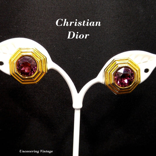 Vintage Christian Dior Purple Rhinestone Clip Earrings, Gold Plated