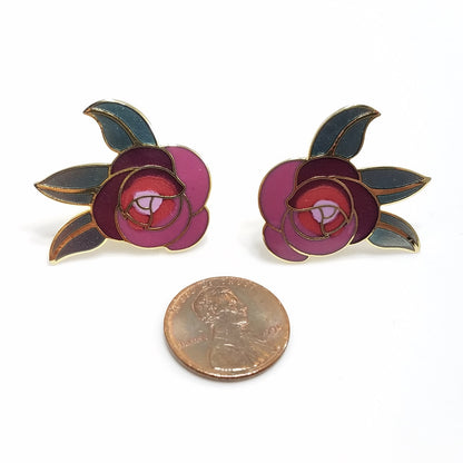 Vintage Laurel Burch "Deco Rose" Earrings, Gold Cloisonne Posts, Gold Plated