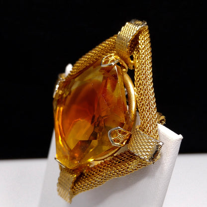 Light Topaz Glass Large Stone Brooch, Gold Plated Mesh Frame, 1960s Vintage Jewelry