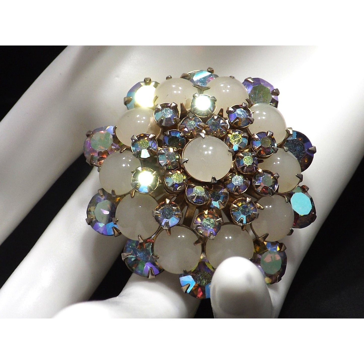 Aurora Borealis Domed Floral Brooch, Riveted Construction, 1950s Vintage Jewelry