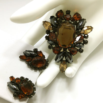 Vintage Weiss Japanned Topaz Rhinestone Brooch & Earrings