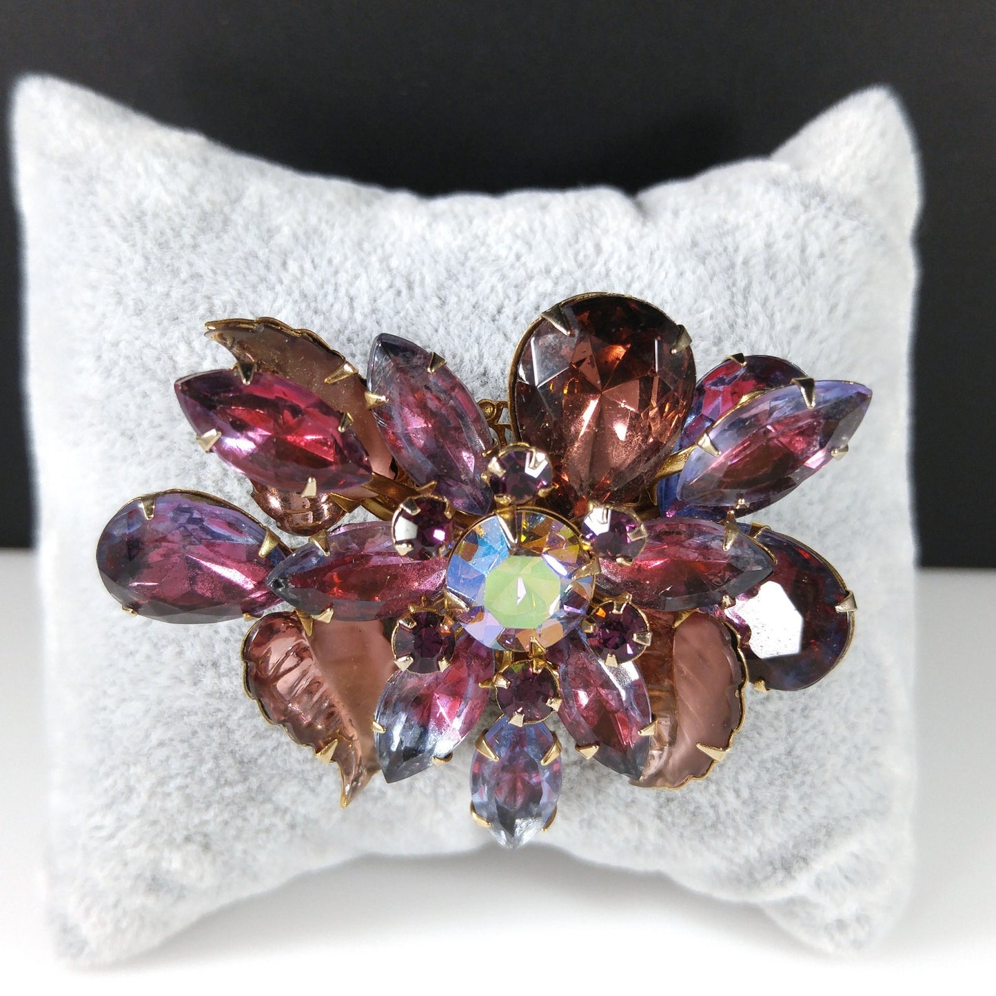 Judy Lee Purple Molded Leaves Brooch, Aurora Borealis Rhinestones, 1950s Vintage Jewelry