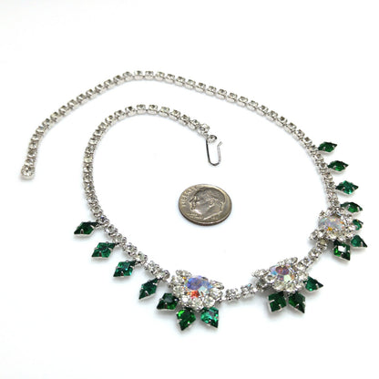 Vintage Green Clear Rhinestone Choker Necklace, Aurora Borealis, Rhodium Plated, 1960s Vintage Jewelry