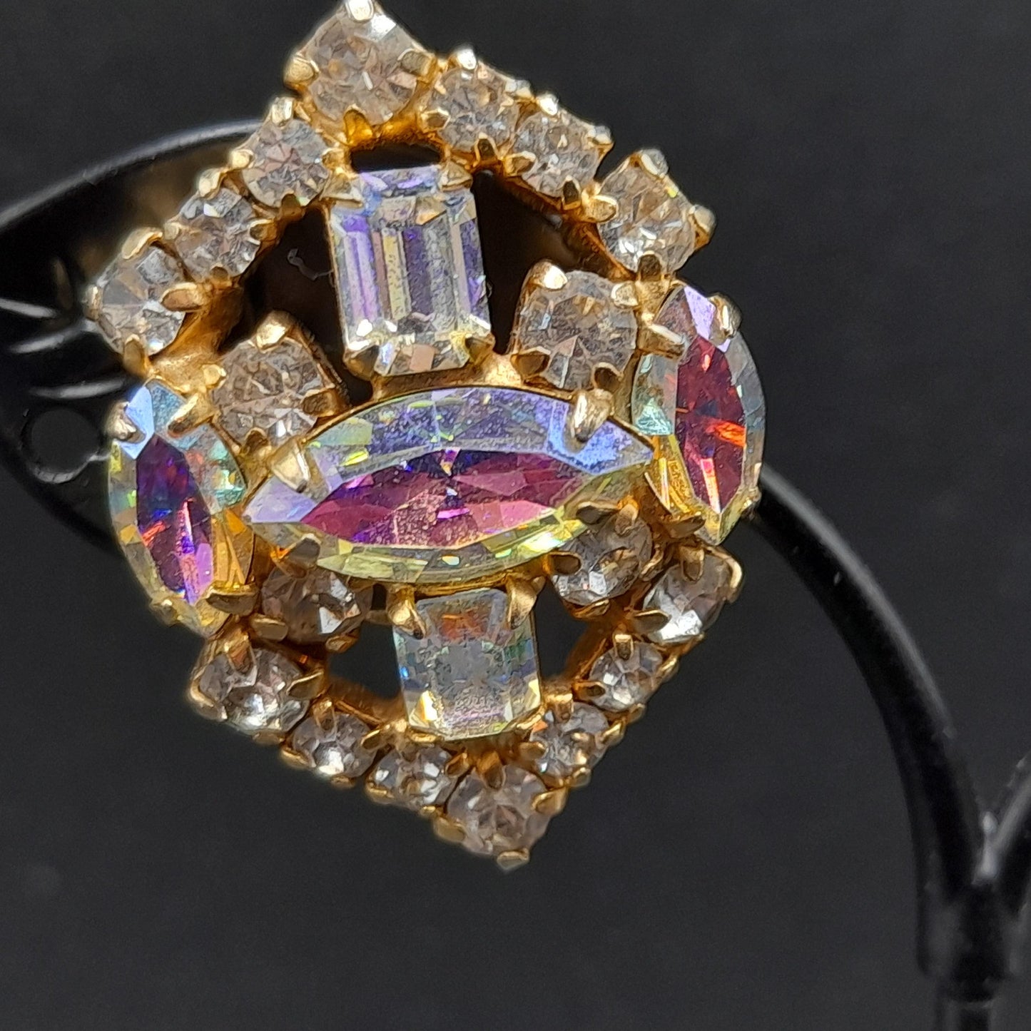 LaRoco Aurora Borealis Clip Earrings, Designer Gold Plated, 1960s Vintage Jewelry