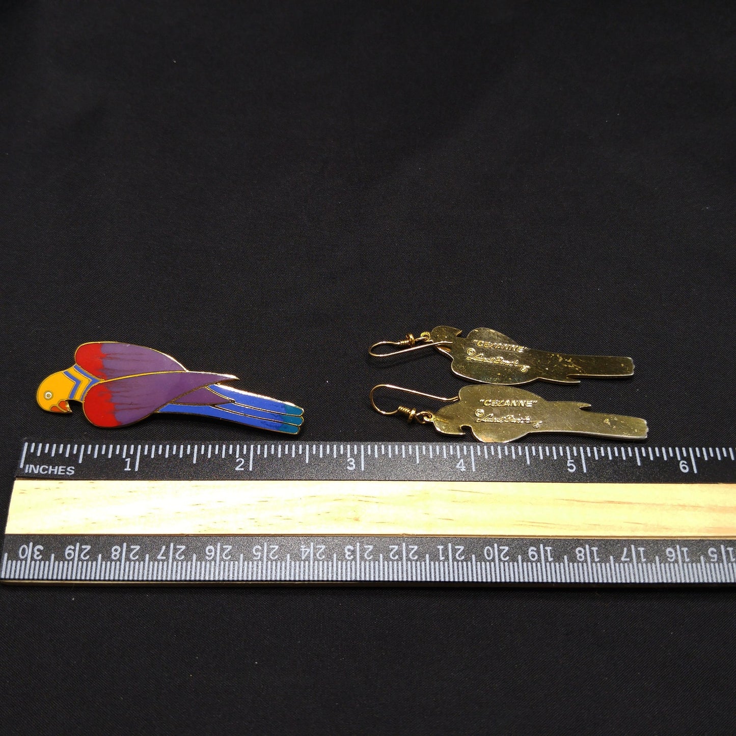 Laurel Burch Cezanne Parrot Earrings & Brooch Set, 22 KG Plated Cloisonne Enamel, 1980s