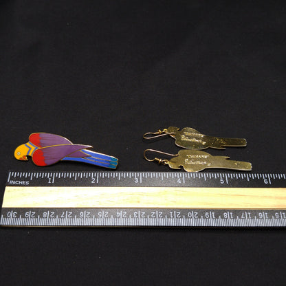 Laurel Burch Cezanne Parrot Earrings & Brooch Set, 22 KG Plated Cloisonne Enamel, 1980s
