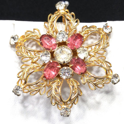Scitarelli Mid-century Pink Clear Rhinestone Floral Brooch Pendant, 1950s Vintage Jewelry